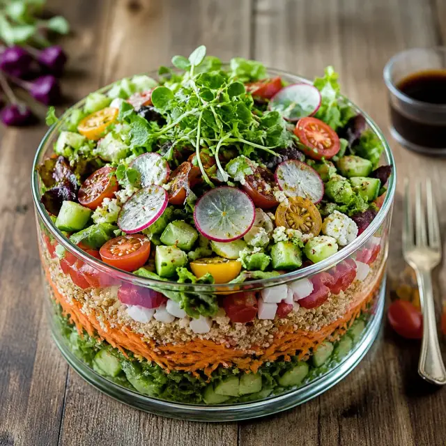 Escape Tunnel Layered Salad with Garden Greens and Balsamic Vinaigrette