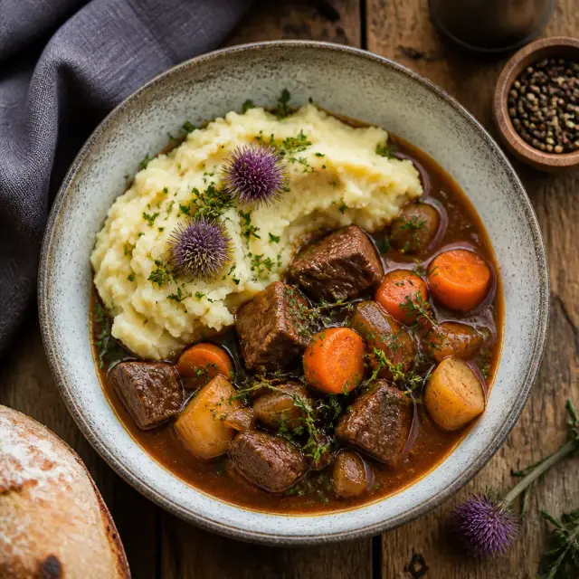 Eeyore's Gloomy Day Beef Stew with Thistle & Potato Mash