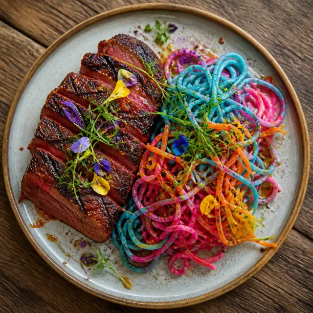 Chromo-Grilled Synth-Steak with Neon Noodle Nest