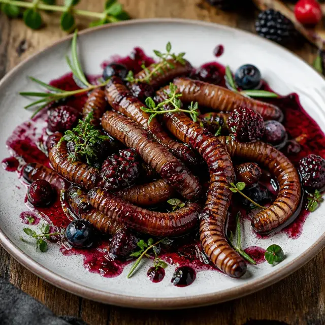 Eep's Edible Earthworm Entree (Mushroom 'Worms' with Wild Berry Glaze)