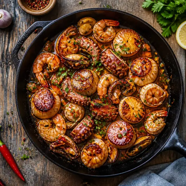 Scaled Siren's Seafood Skillet with Fiery Pepper Glaze