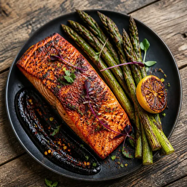 Fiery Night Fury Salmon with Charred Asparagus