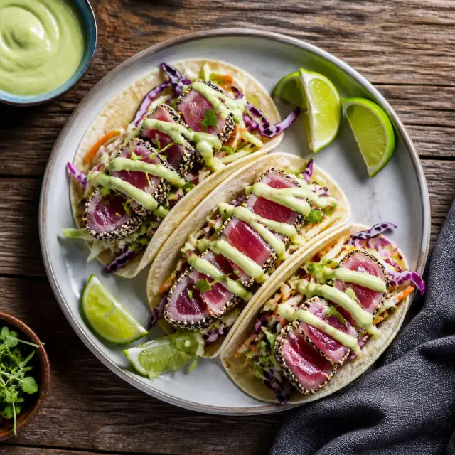 Agent's Agile Ahi Tuna Tacos with Wasabi Crema