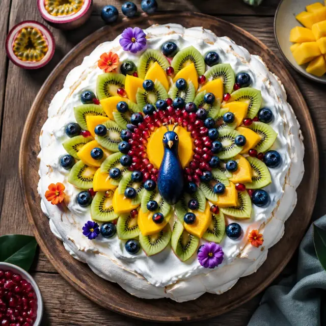 Peacock Plumage Pavlova with Tropical Fruit