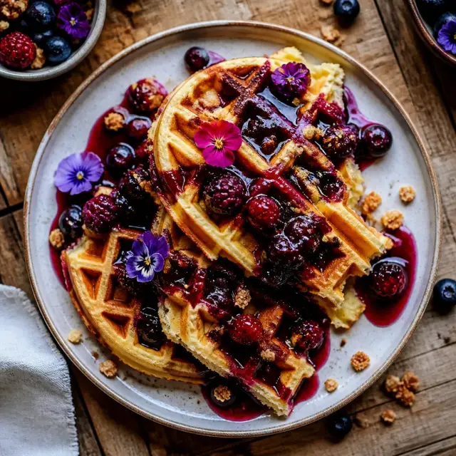 Cosmic Crunch 'Shush' Waffles with Galactic Berry Syrup