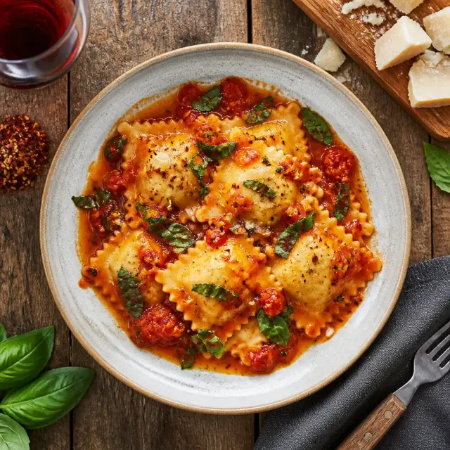 Escape Route Ravioli with Fiery Tomato Lava Sauce