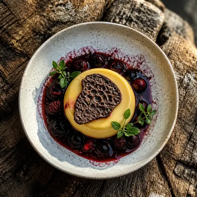 Prehistoric Egg Pudding with Fossilized Berry Reduction