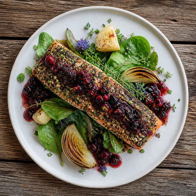 Hyrule Herb-Crusted Salmon with Wild Berry Glaze