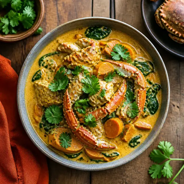 Kakamora Coconut Crab Curry with Sweet Potato and Spinach