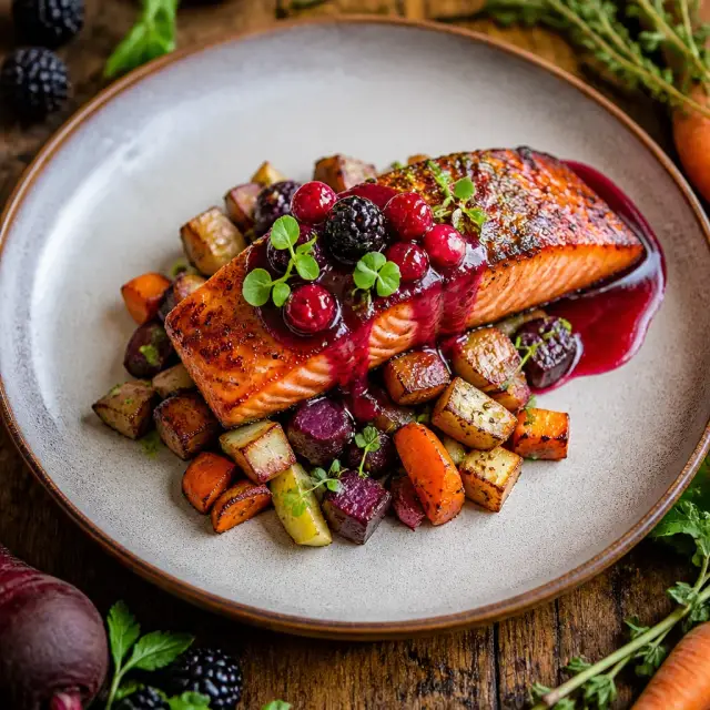 Spirit of the River Salmon with Wild Berry Glaze and Root Vegetable Hash