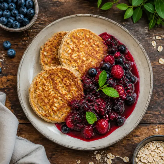 Lucky's Golden Oatcakes with Berry Creek Compote
