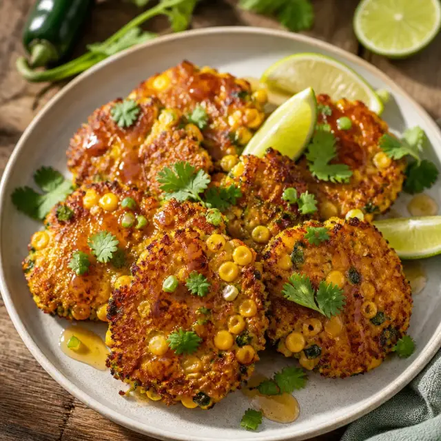Journey's End Golden Corn & Poblano Fritters with Honey-Lime Drizzle